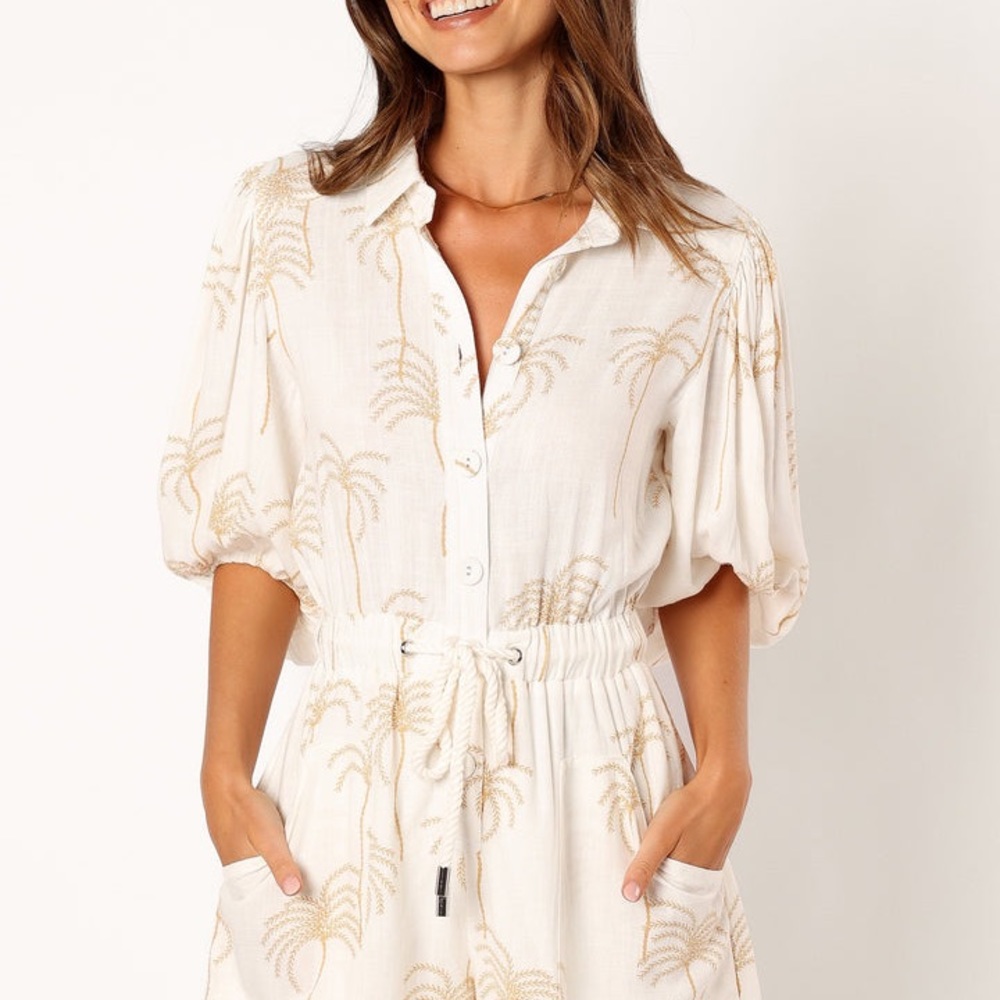 White and tan Petal & Pup palm tree romper